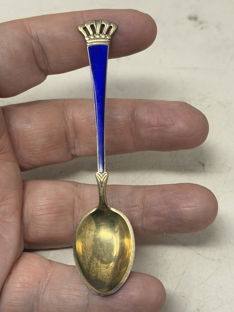 Danish Sterling Enamel Spoon Blue Crown Lauridsen Denmark Silver
