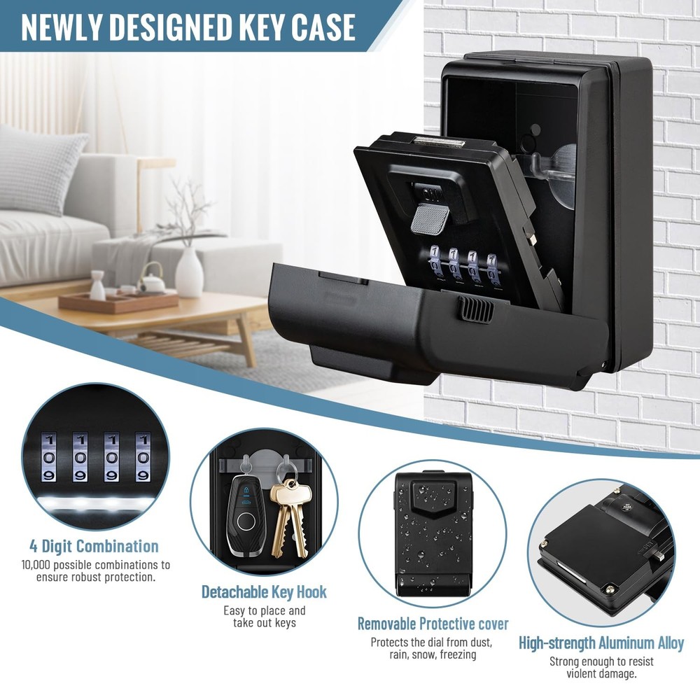 Key Lock Box Wall Mount,Outdoor Combination Lock Box with Light Up Dials,Wate...