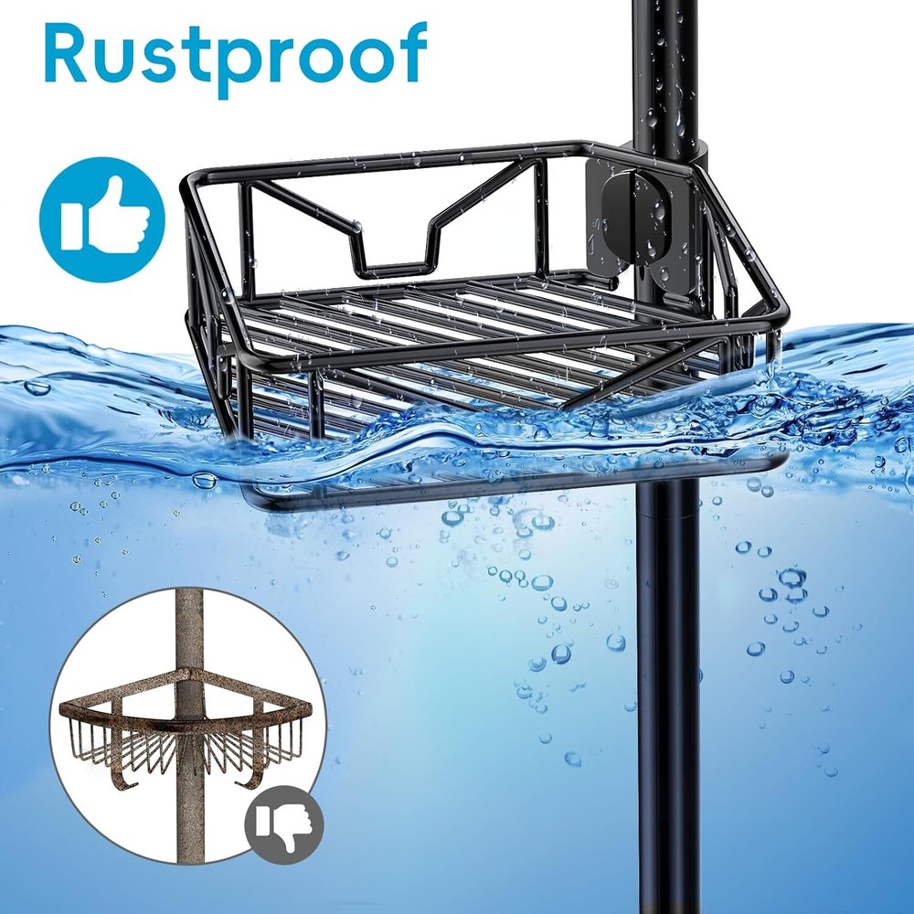 Adjustable Corner Shower Basin Organizer with Hooks,Rustproof Tension Rods