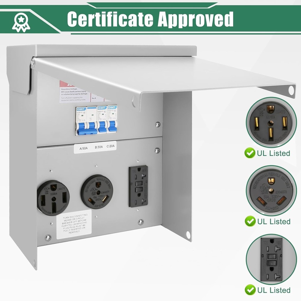 RV Temporary Power Outlet Panel Electrical 50/30/20A with Breaker