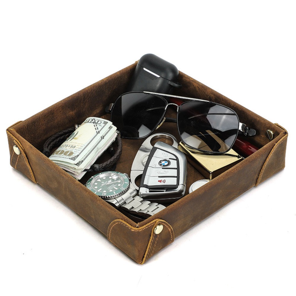 Crazy Horse Leather Handmade Square Tray Storage Box for Desktop