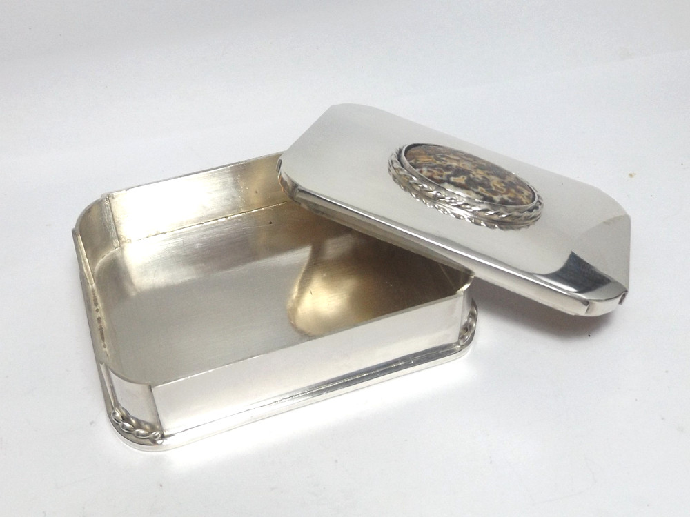 RARE 930 SWEDISH 126g SOLID SILVER BOX, TOBACCO BOX, AGATE, MAKER SIGNED, c1951