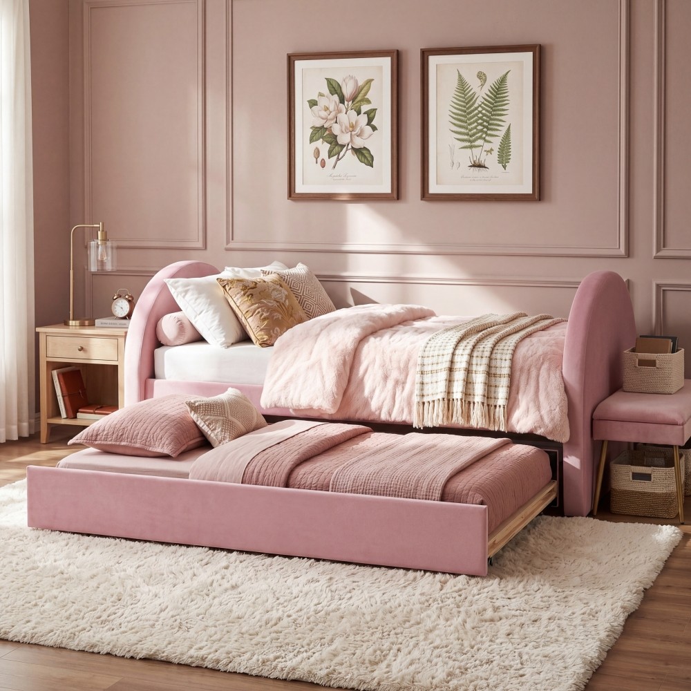 Full Size Upholstered Day Bed Frame With Pull In And Out Function, Olive Green