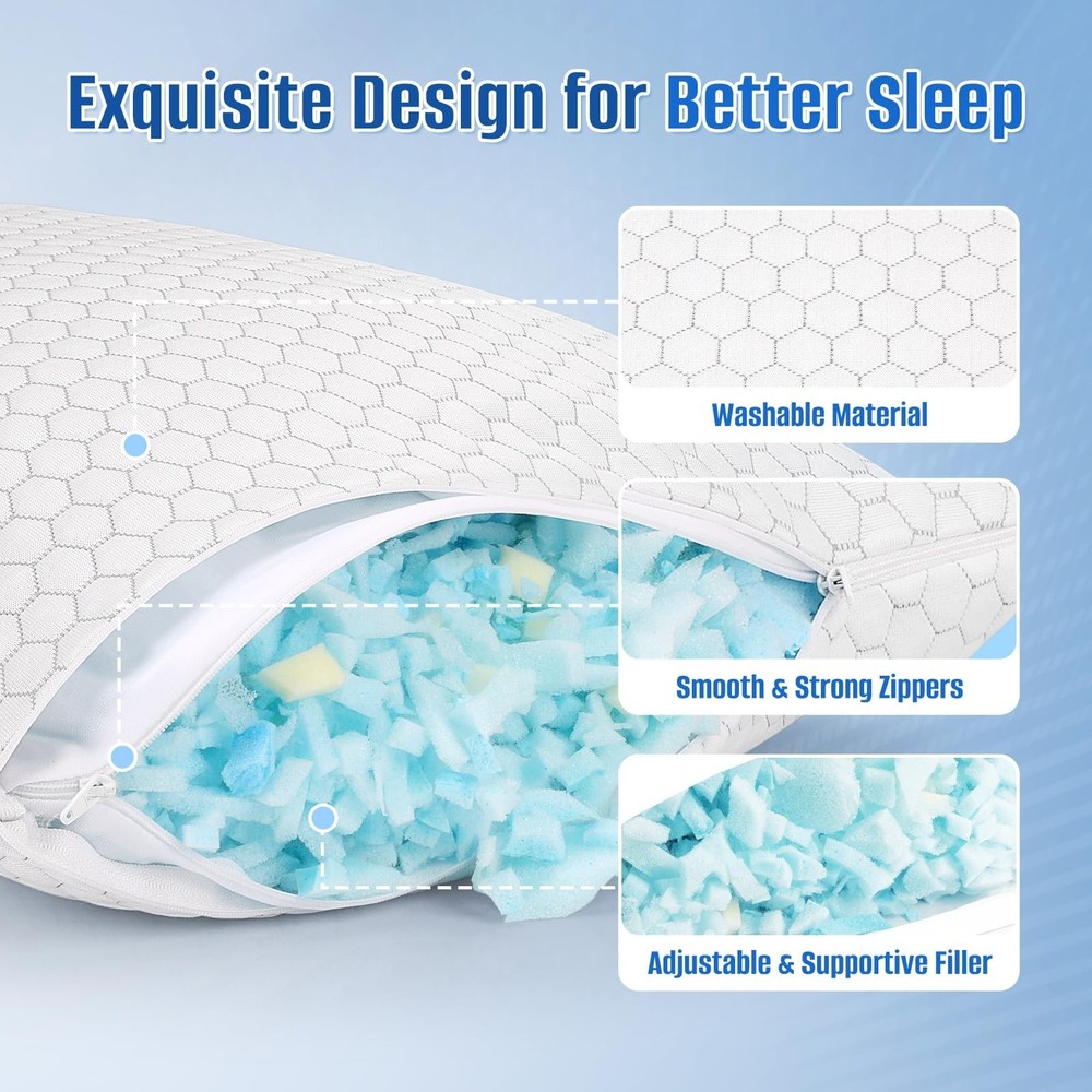 CushyOasis Shredded Memory Foam Pillow for Sleeping, Cooling Bed Pillows Set ...