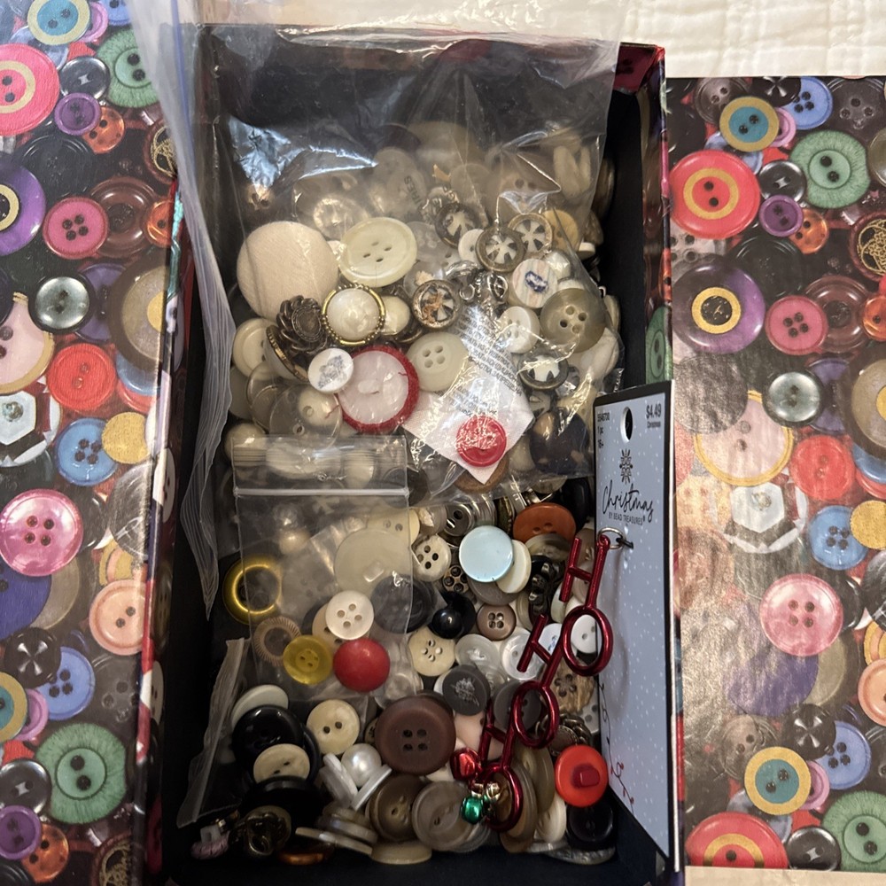 Storage Boxes(2), Assorted Buttons And Vintage Sewing Box.