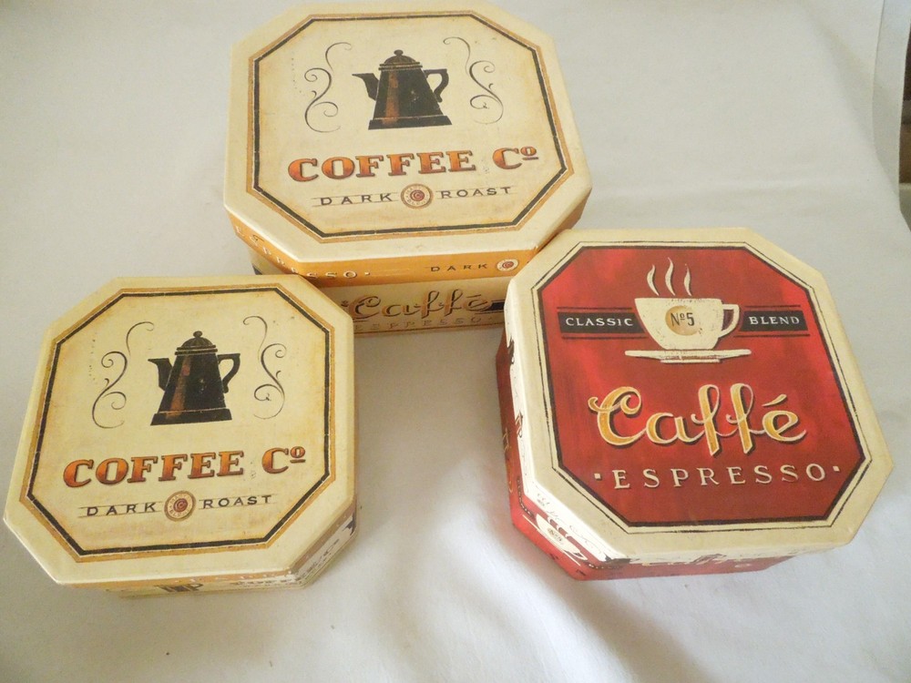 Nesting Storage Boxes Set of 3 Coffee Design 8 Sided 8", 7", & 6" Diameters