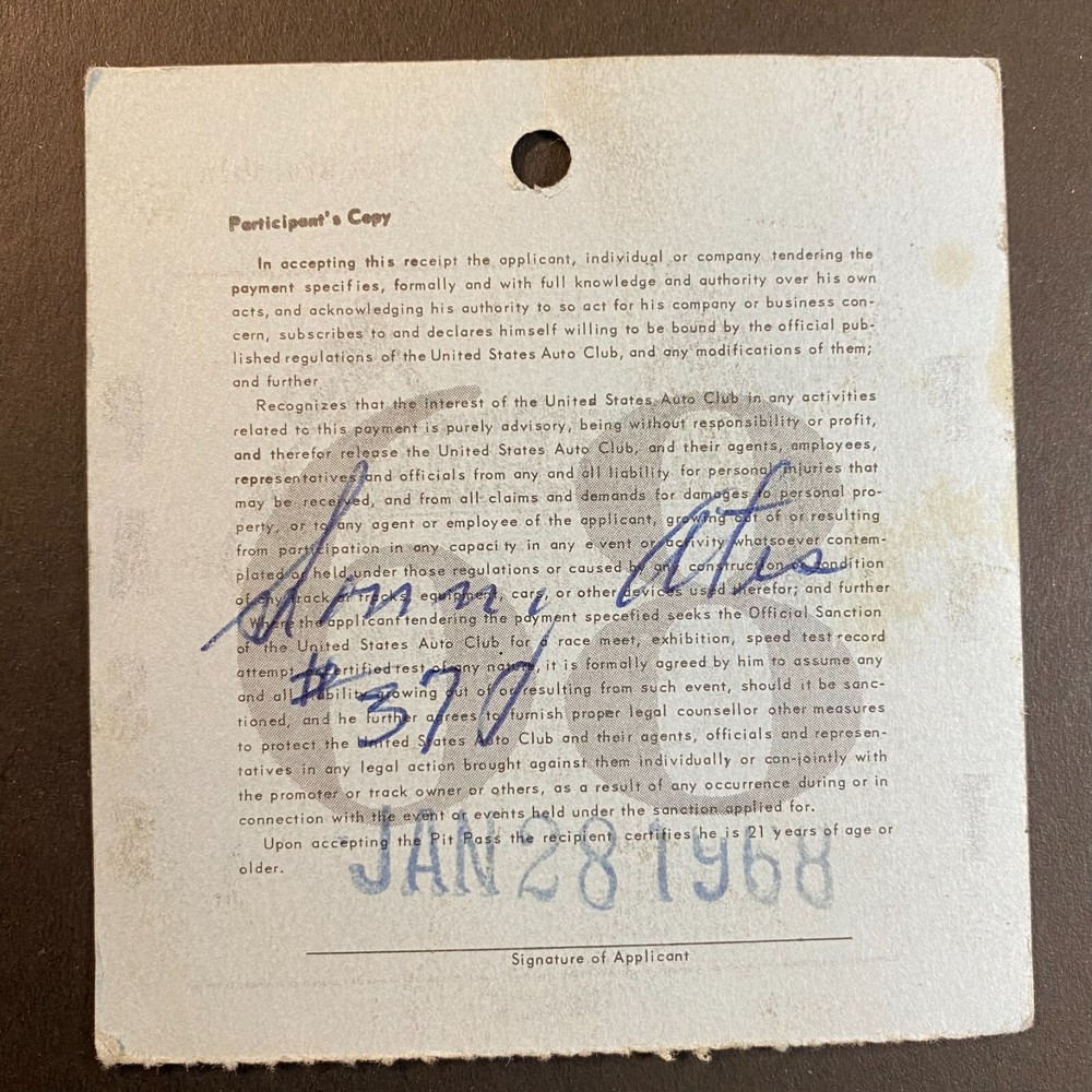 USAC 1968 Pit Pass Jan 28, 1968 VGC Scarce
