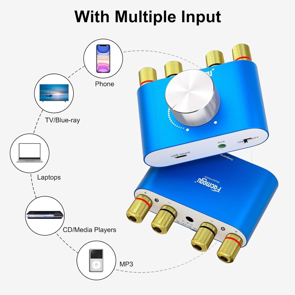 Wireless Stereo Amplifier with Bluetooth 5.0 Connectivity, Compact Design