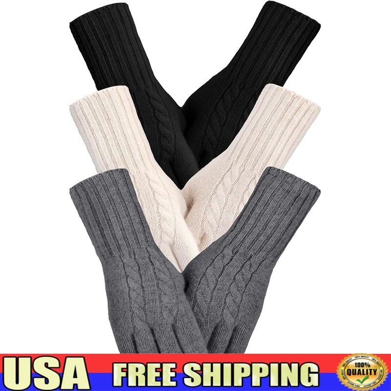 Warm Wool Gloves Touchscreen Compatible Cable Knit Ribbed Cuffs Winter Use