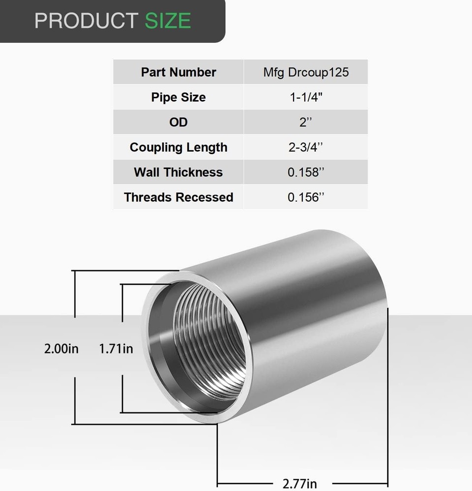 For Mfg Drcoup125 1-1/4" Female Galvanized 1-1/4”-Coupling, Silver
