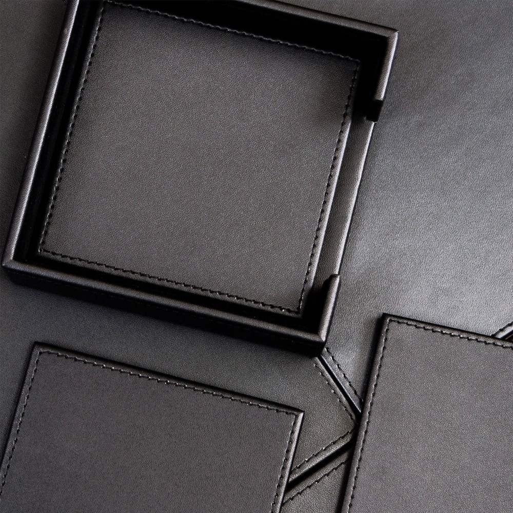 Black Leatherette 4 Square Coaster Set with Stitched Edging and Holder