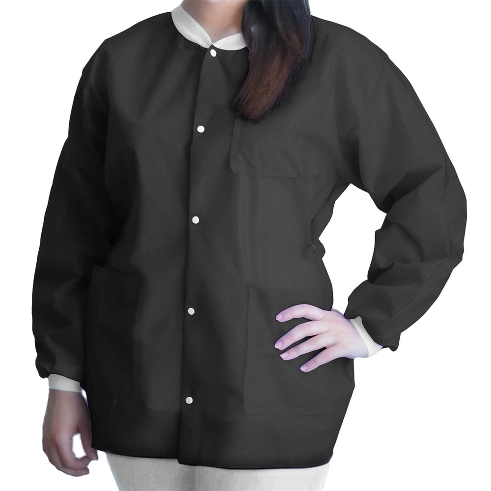 Lab Jacket FitMe Black Large Hip Length 3-Layer SMS Disposable (BG/10)