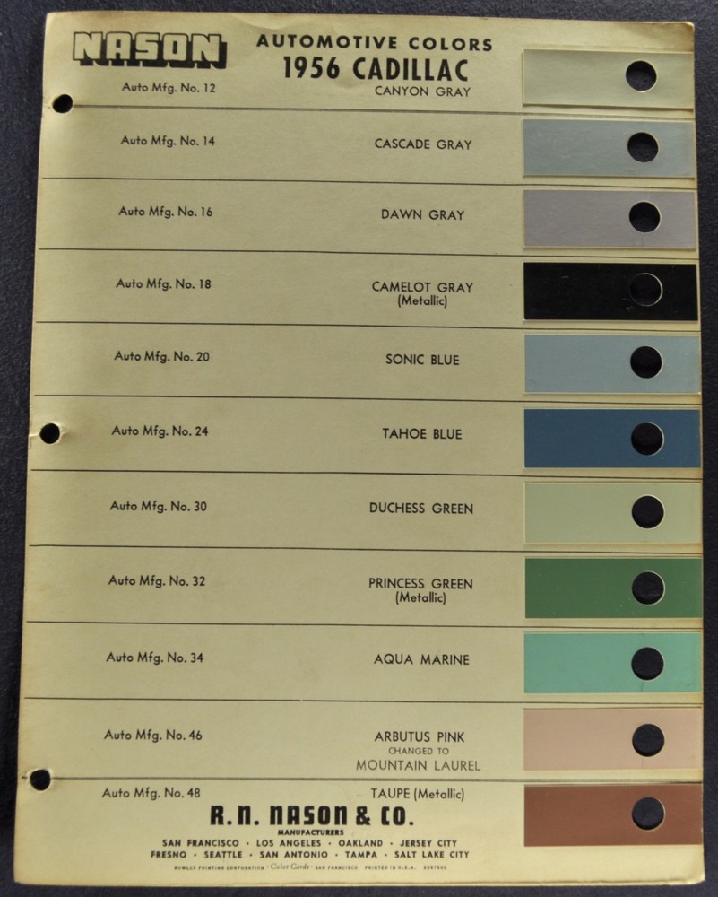 1956 Cadillac Paint Chip Colors Sheet 60 Special 62 deVille Eldorado Original
