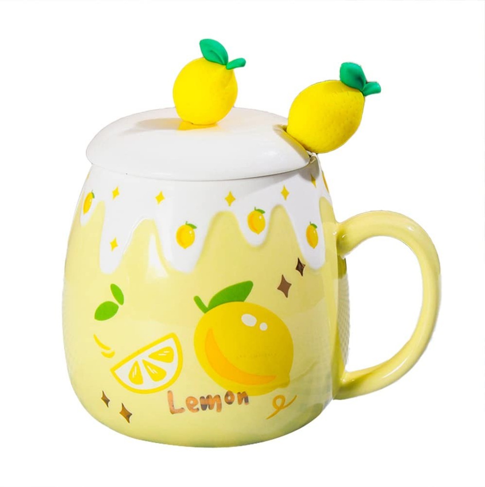 Ceramic Mug Lemon Coffee Cup Water Cup with Lid and Spoon