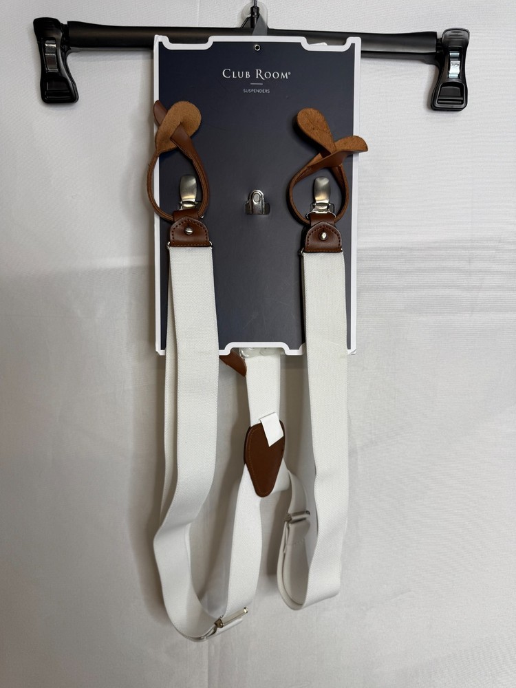 Club Room White Solid Suspenders Leather Clip-On Back Adjustable One Size NWT