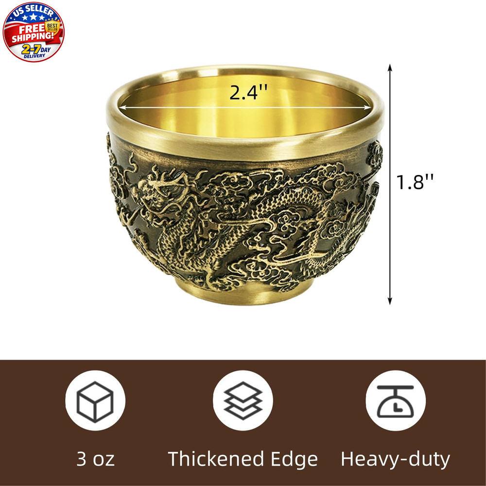 3 Pack Brass Tea Cup, Chinese Kung Fu Teacup with Dragon Phoenix Pattern, 3 O...