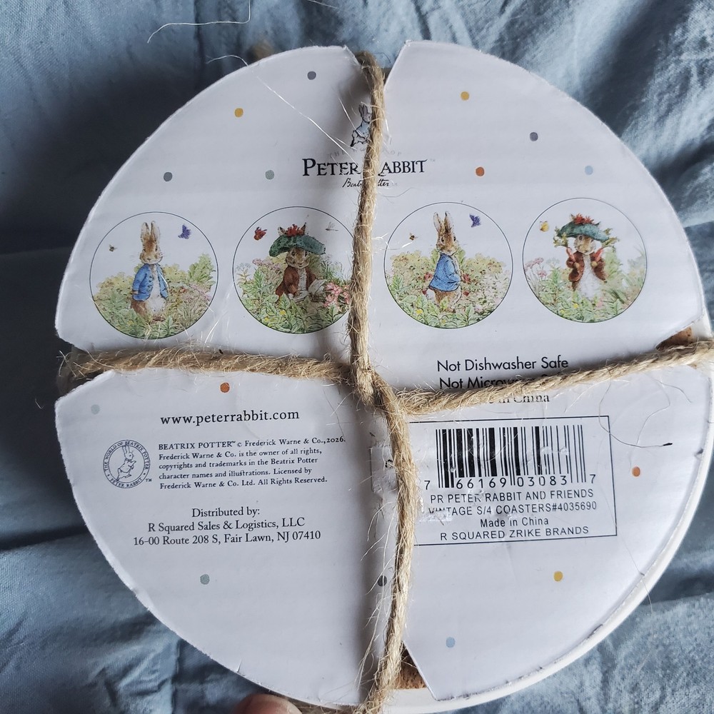 NewPeter Rabbit Coaster 4pc Set Easter Bunny Ceramic & Cork Beatrix Potter