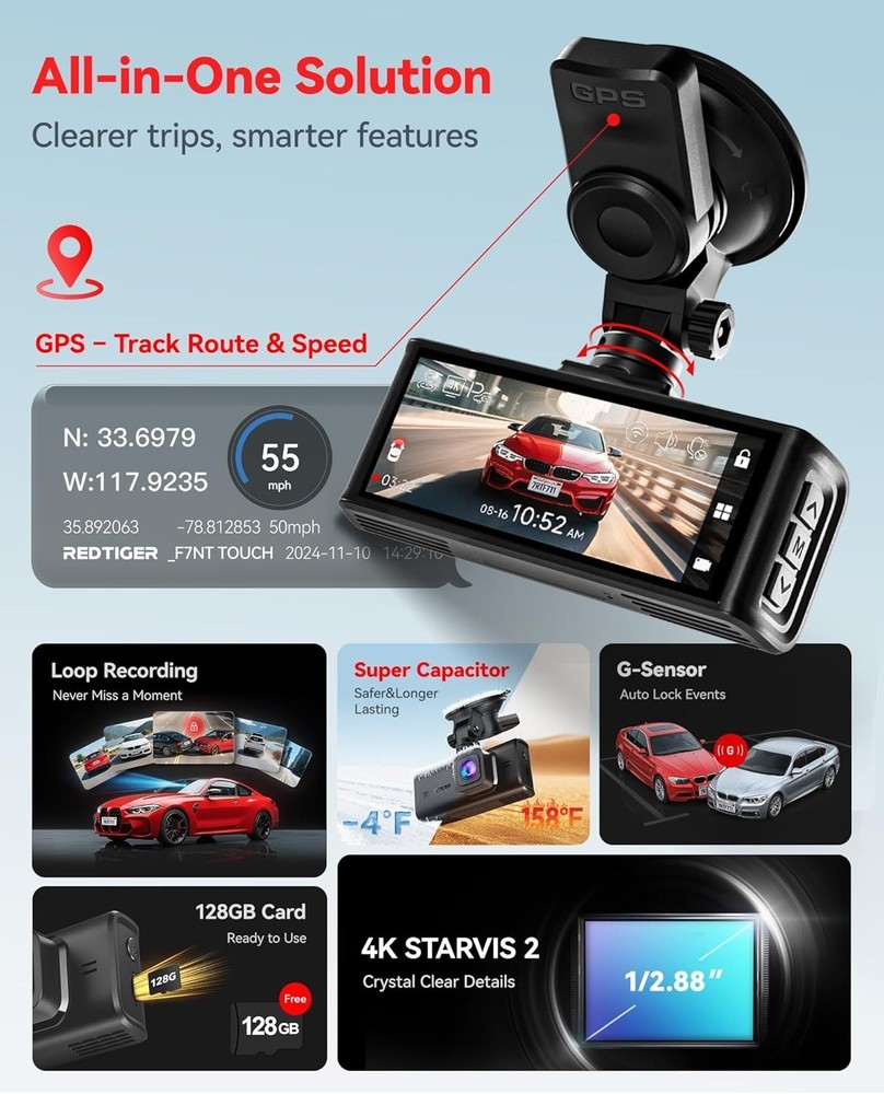 Advanced 4K Touch Screen Dash Camera with Built-in GPS & WiFi Connectivity