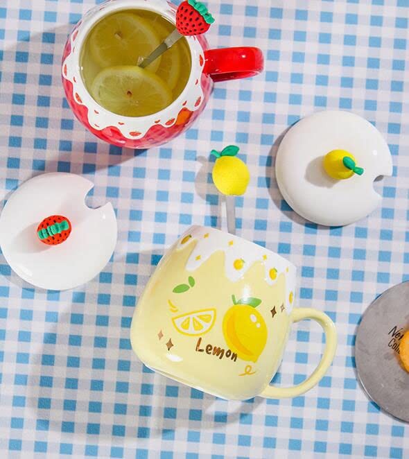 Ceramic Mug Lemon Coffee Cup Water Cup with Lid and Spoon