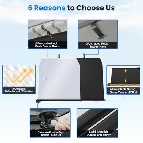 Storage-Free Windshield Sun Shade for Car - Adjustable Auto Retractable, UV &