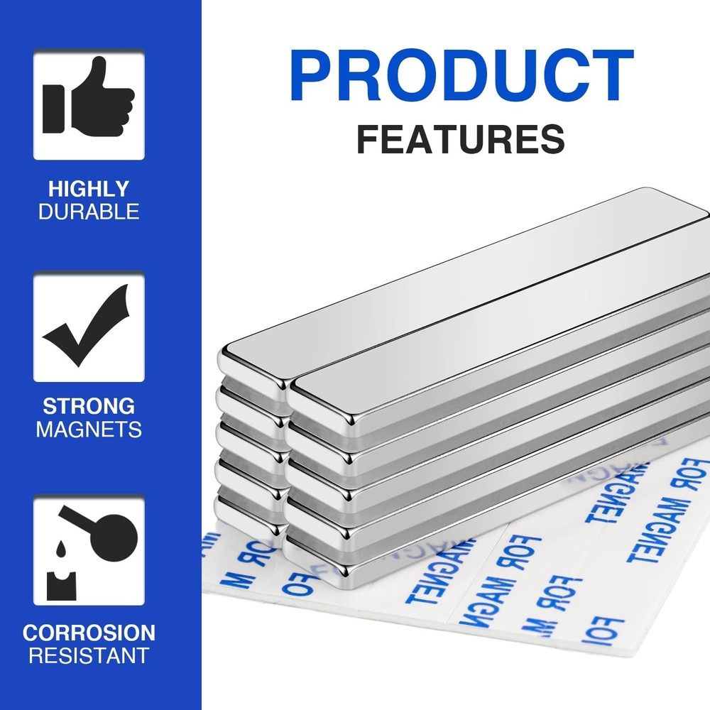 Heavy Duty Neodymium Magnet Strips with Adhesive - Pull Force 18 lbs - 5 Pack