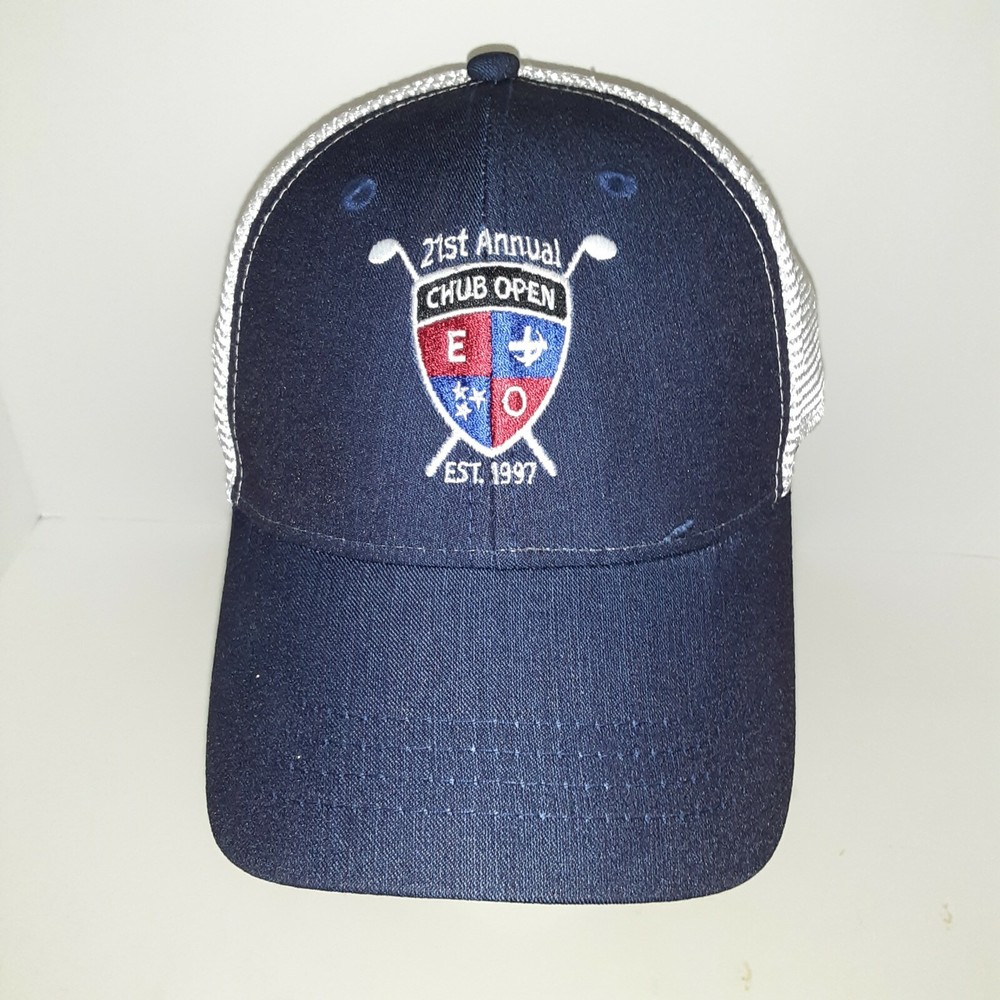 Chub Open 21st Annual Golf Hat Cap Strap Back Blue White Mesh Script Clubs Logo