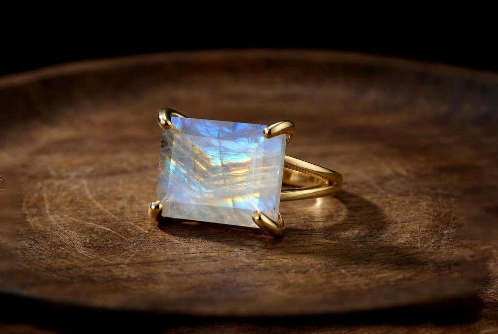 Sterling Silver Moonstone Ring Rainbow Rectangle Cut Birthstone Gift
