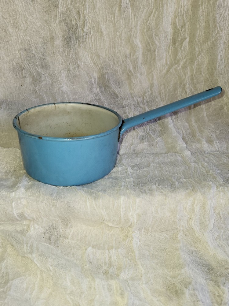 Small vtg blue and white enamel pan