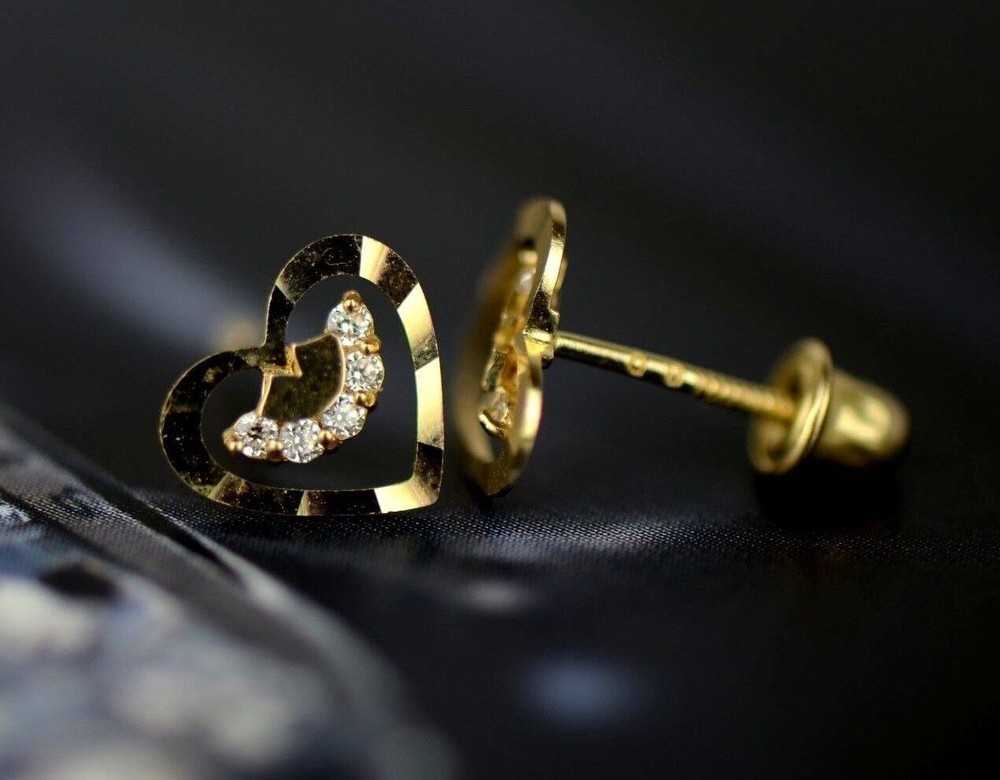 14k Solid Yellow or White Gold Heart Shape CZ Stud Earrings