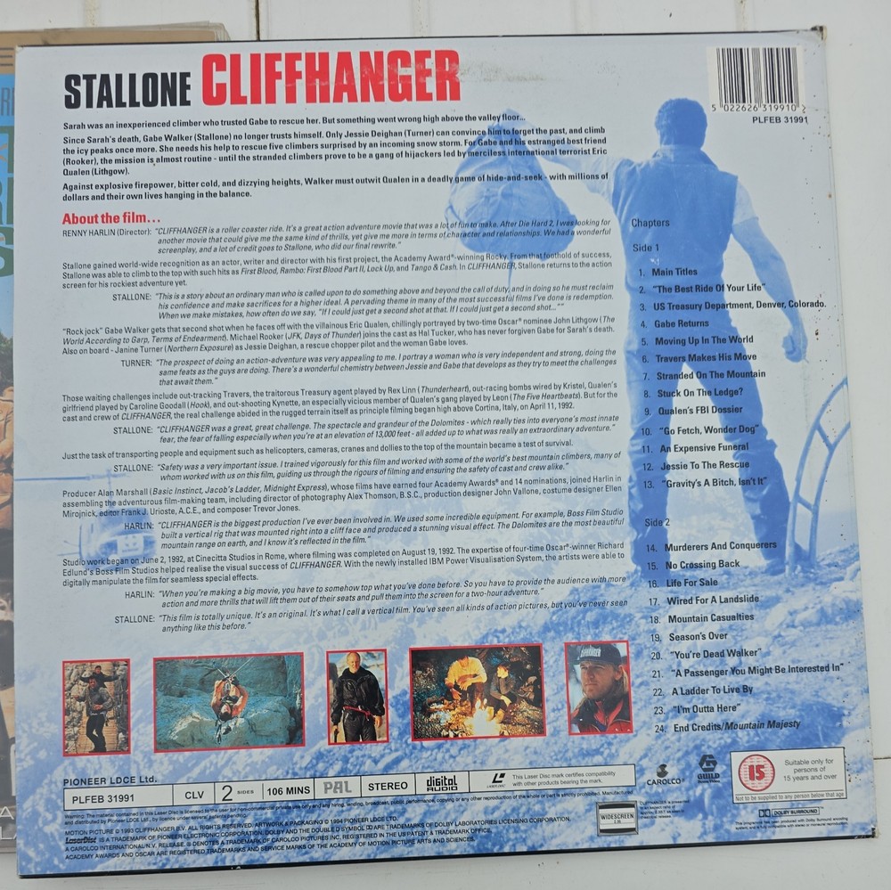 Stallone Cliffhanger HANG ON - LaserDisc