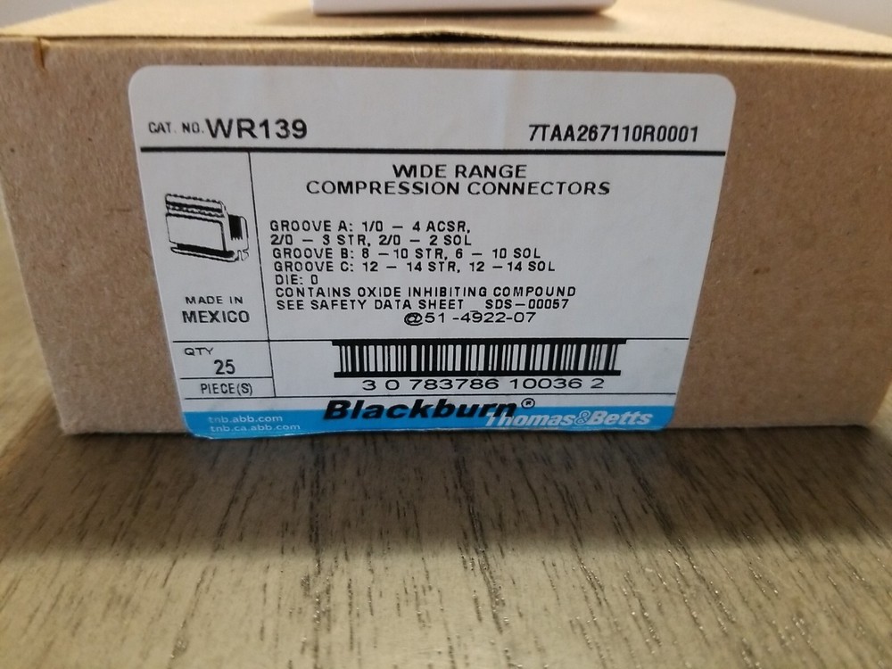 25-PACK THOMAS & BETTS BLACKBURN WR139 WIDE RANGE COMPRESSION CONNECTOR H-TAP