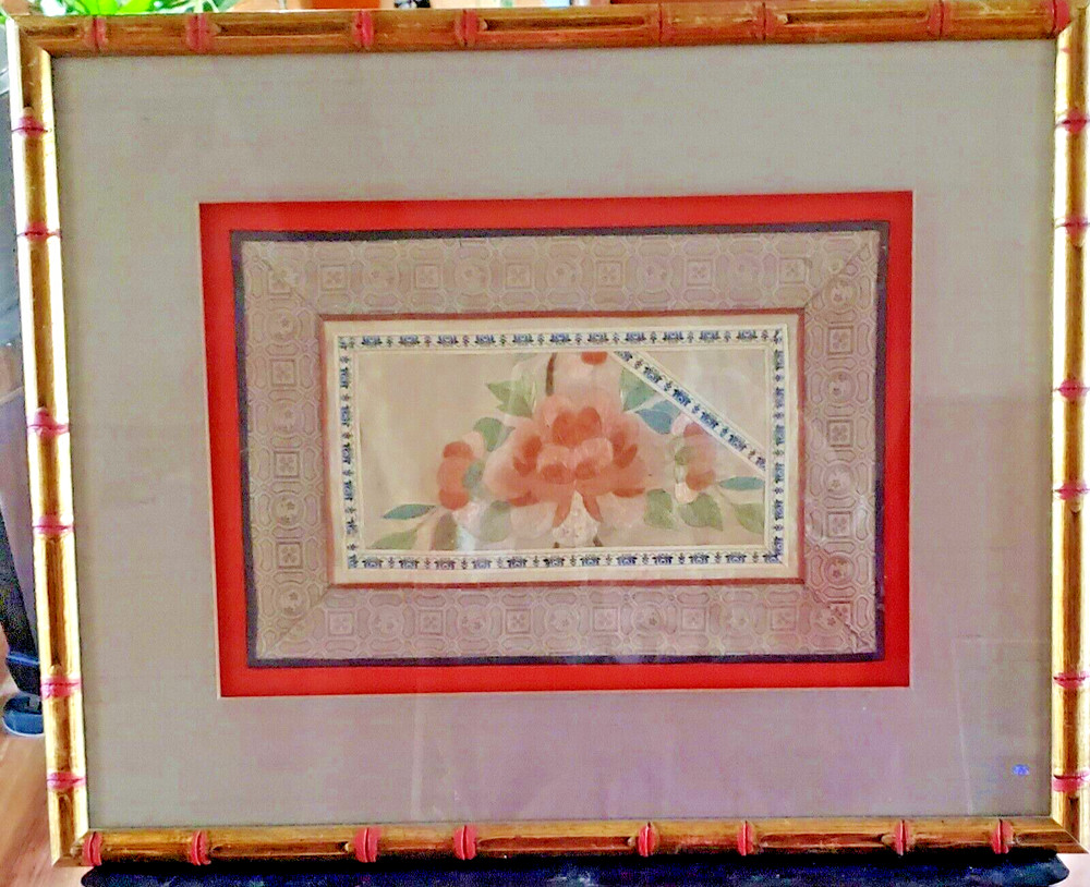Chinese Silk Peony Hand Embroidered Framed Panel Square wShadow Box Effect 21x17