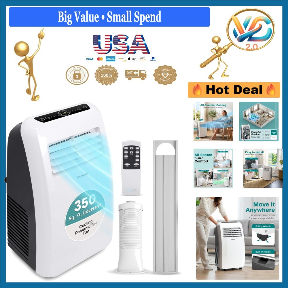 Portable 3-in-1 Air Conditioner Dehumidifier Fan Remote White 8000BTU