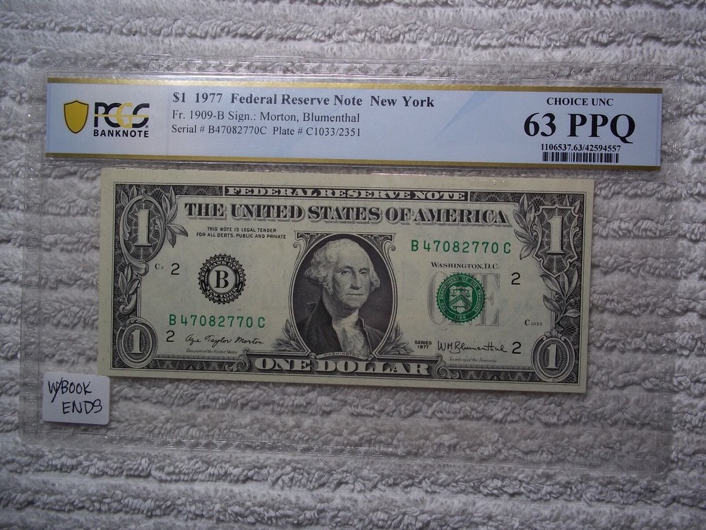 1977 $1 ERROR - Insufficient Inking PCGS 64 PPQ #E31 With BOOK ENDS LOOK