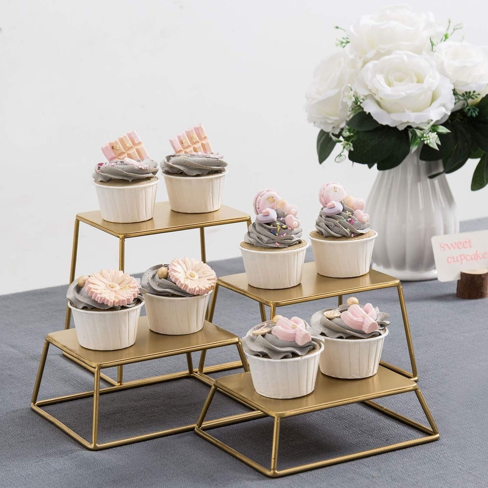 4PC Modern Brass Tone Metal Nesting Buffet Table Food or Retail Display Risers