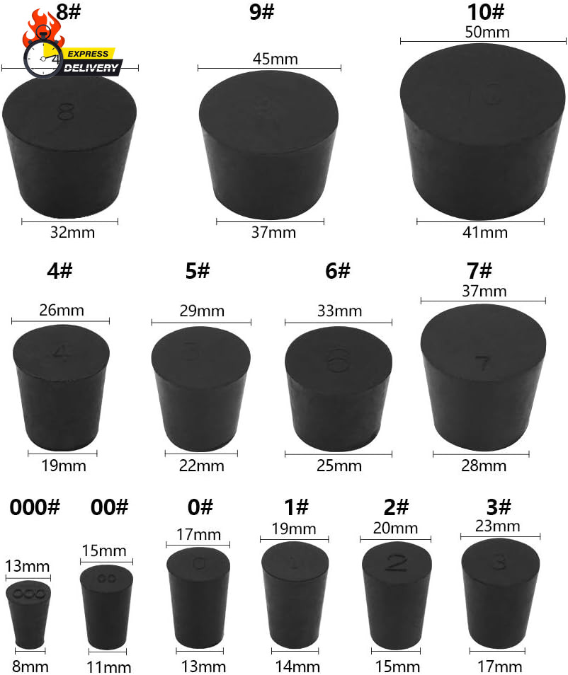 22-Pack (13 Assorted Sizes) 000# -10# Solid Rubber Stoppers