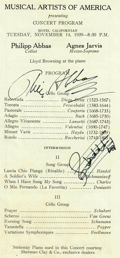 “Renowned Dutch Cellist" Philip Abas Signed program W/ Musical Quotation COA