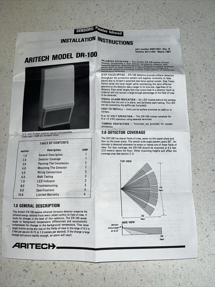 New ARITECH MODEL 100 PASSIVE INFRARED SENSOR Catalog Number DR-100