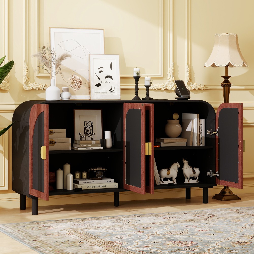 Vintage Arched Sideboard Cabinet with Gold Half-Moon Handle, MDF Storage Cabinet