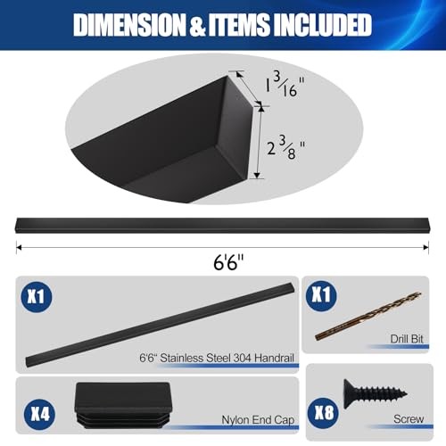 6'6" Stainless Steel T304 Handrail Black, Cuttable Rectangular Handrail Flat
