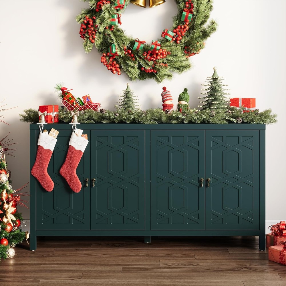 Modern Sideboard Buffet Cabinet 60'' Green Credenza W/ 4 Doors & Adjustable