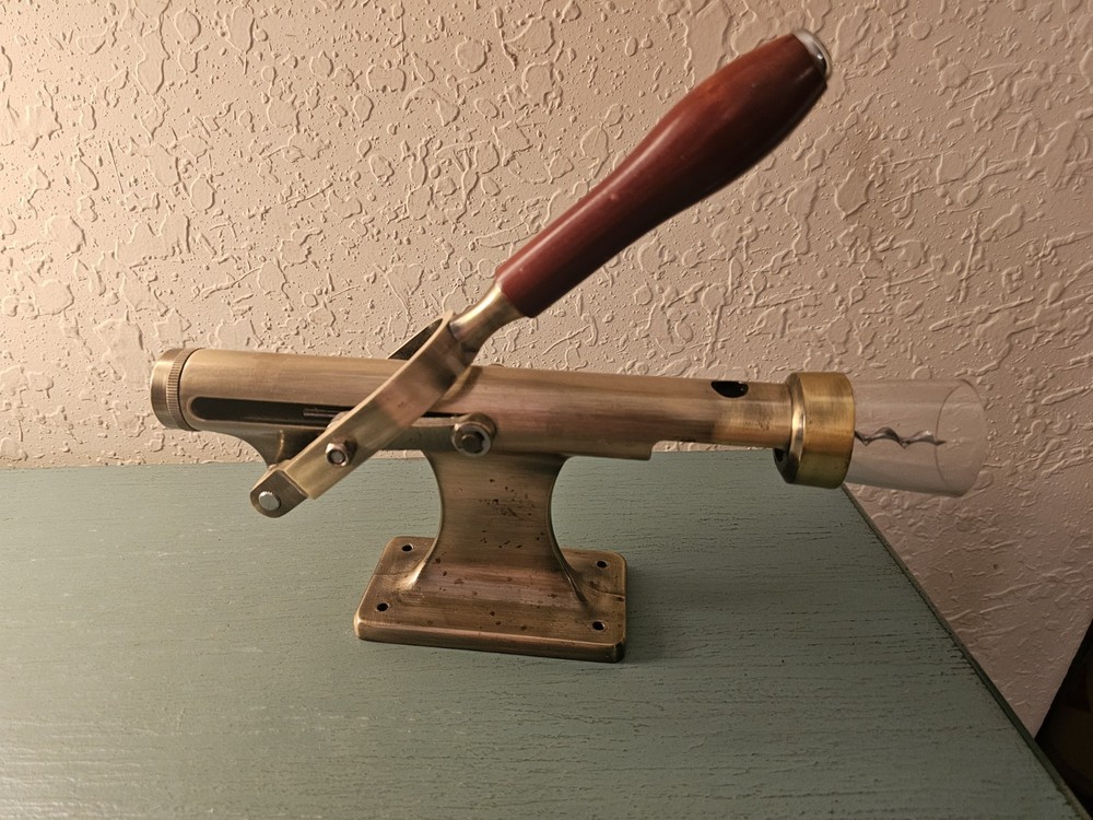 Vintage Solid Brass WallMounted CorkScrew, Lever Style W/Turned Wood Handle-Very