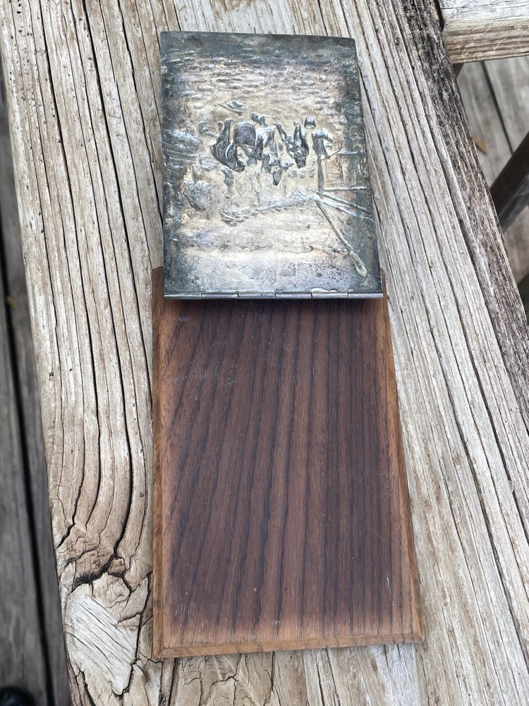 Danish Silverplate Repousse Notepad Holder no Pad Wood Base Felt Backing