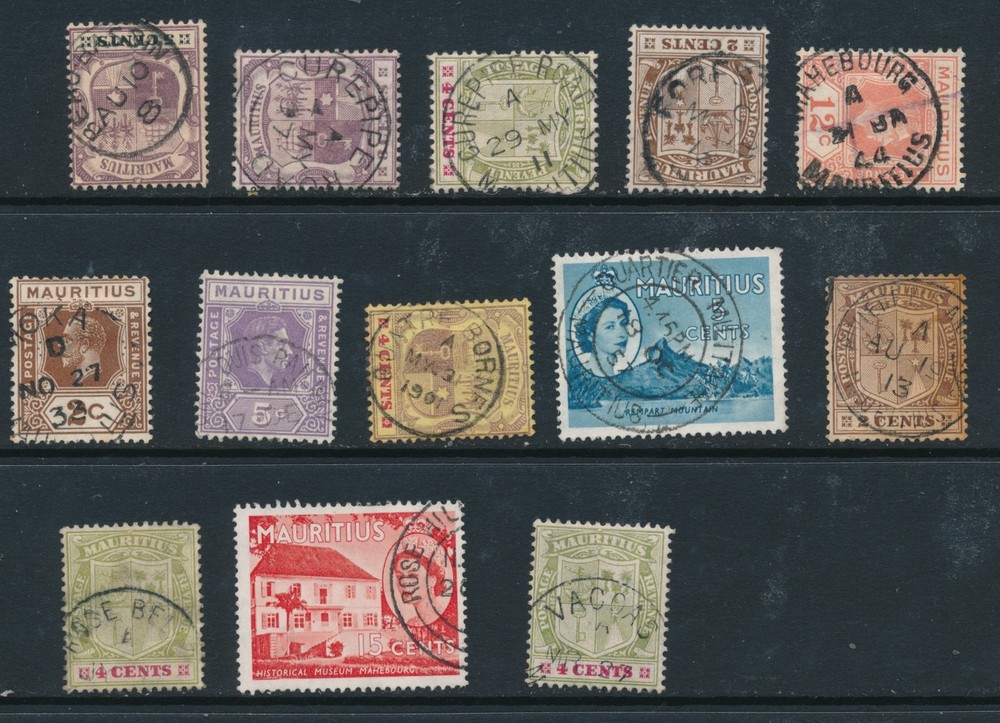 MAURITIUS, 13 different postmarks, stamps fine
