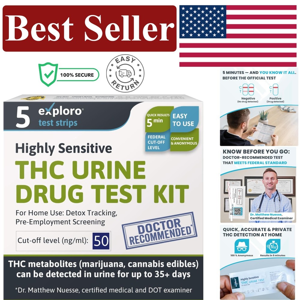 Highly Sensitive THC Drug  Kit - Accurate At-Home  Strips, 5 Count