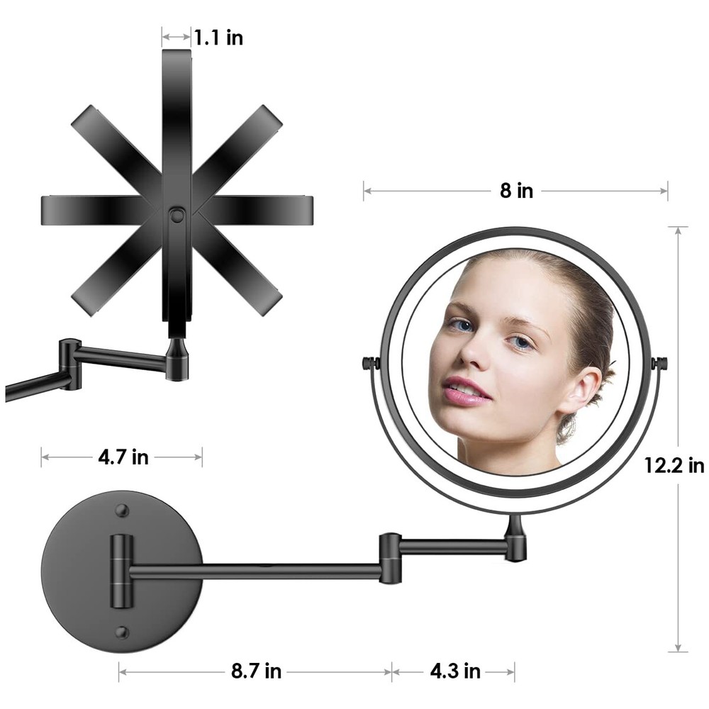 Rechargeable Wall Mounted Lighted Makeup Mirror, 8 Inch Double-Sided LED Vani...