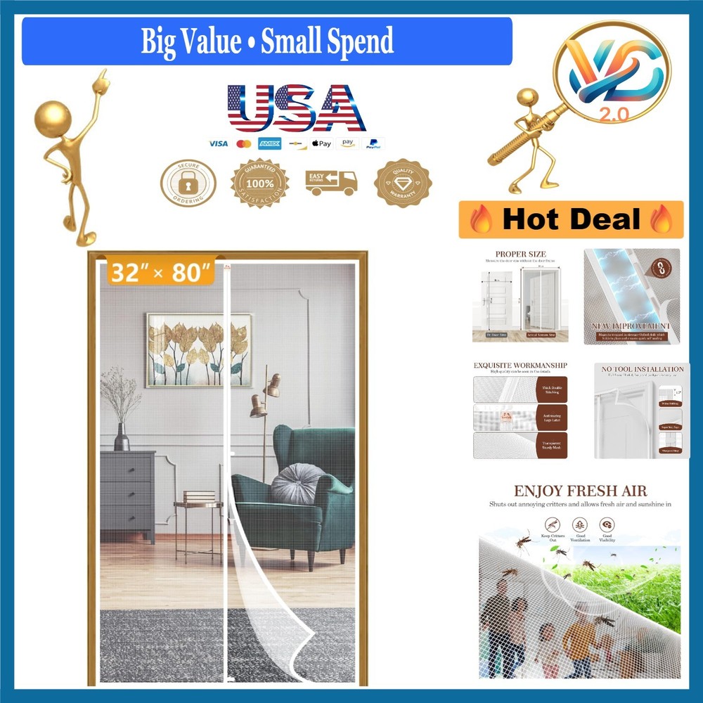 Magnetic Screen Door for 32x80 Inches Doors White Durable Polyester Mesh