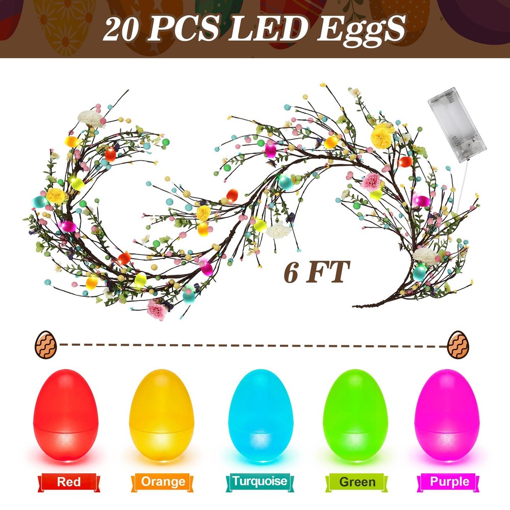 6ft Easter Garland with Light, 20 LED Easter Egg Decoration, Spring Decorative..