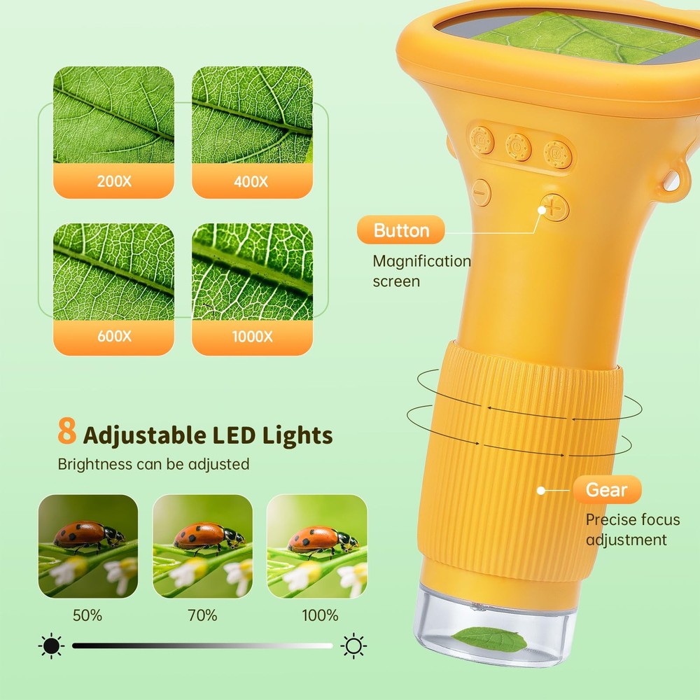 Kids Microscope Pocket Microscope, 2" IPS Screen 1000X Portable Microscope fo...