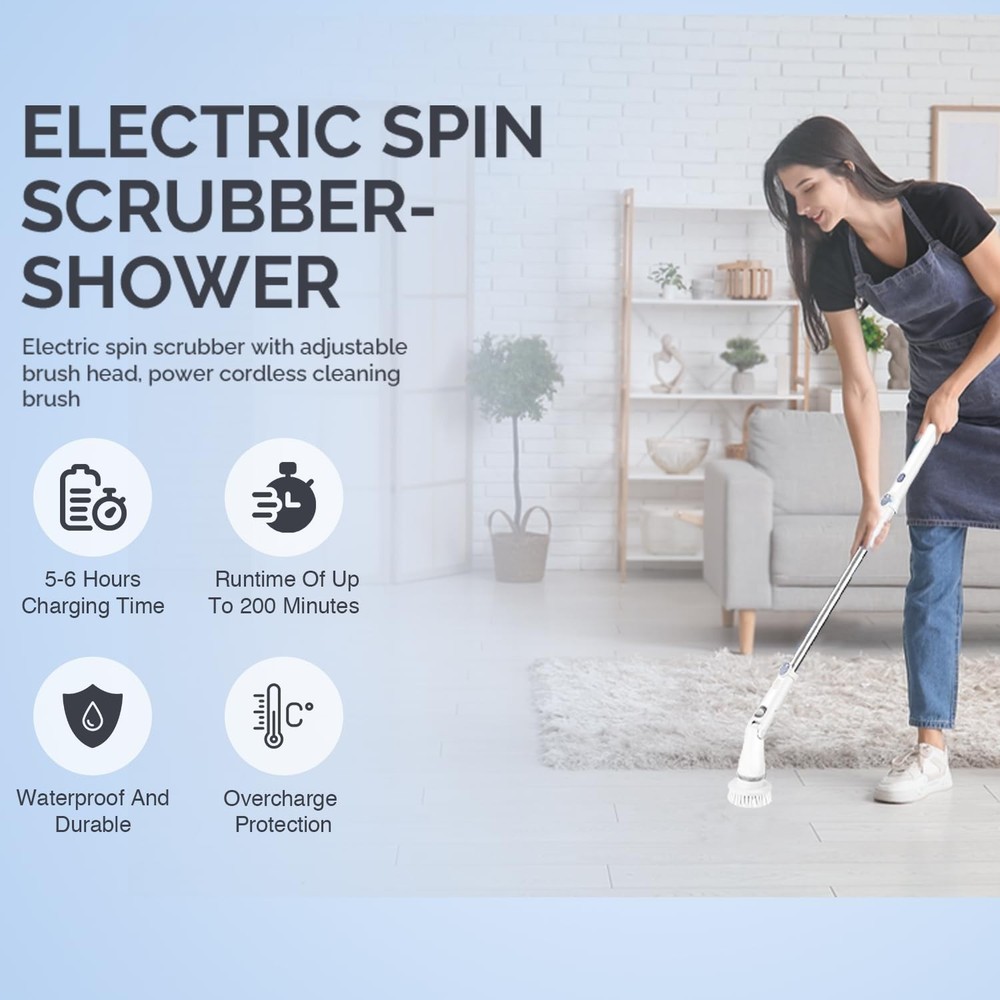Electric Spin Scrubber - Cordless Cleaning Head with 6 Replaceable Brushes - ...